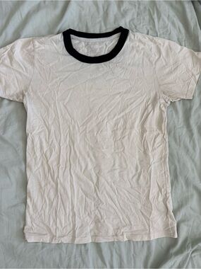 Big Bud Press White Tee with Black Ribbed Crew Neck